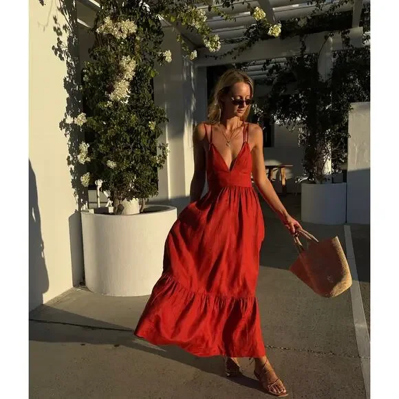 B51 Posse Lotus Linen Maxi Dress Small Red Flowy Sundress Resort Spaghetti Strap - Picture 1 of 9